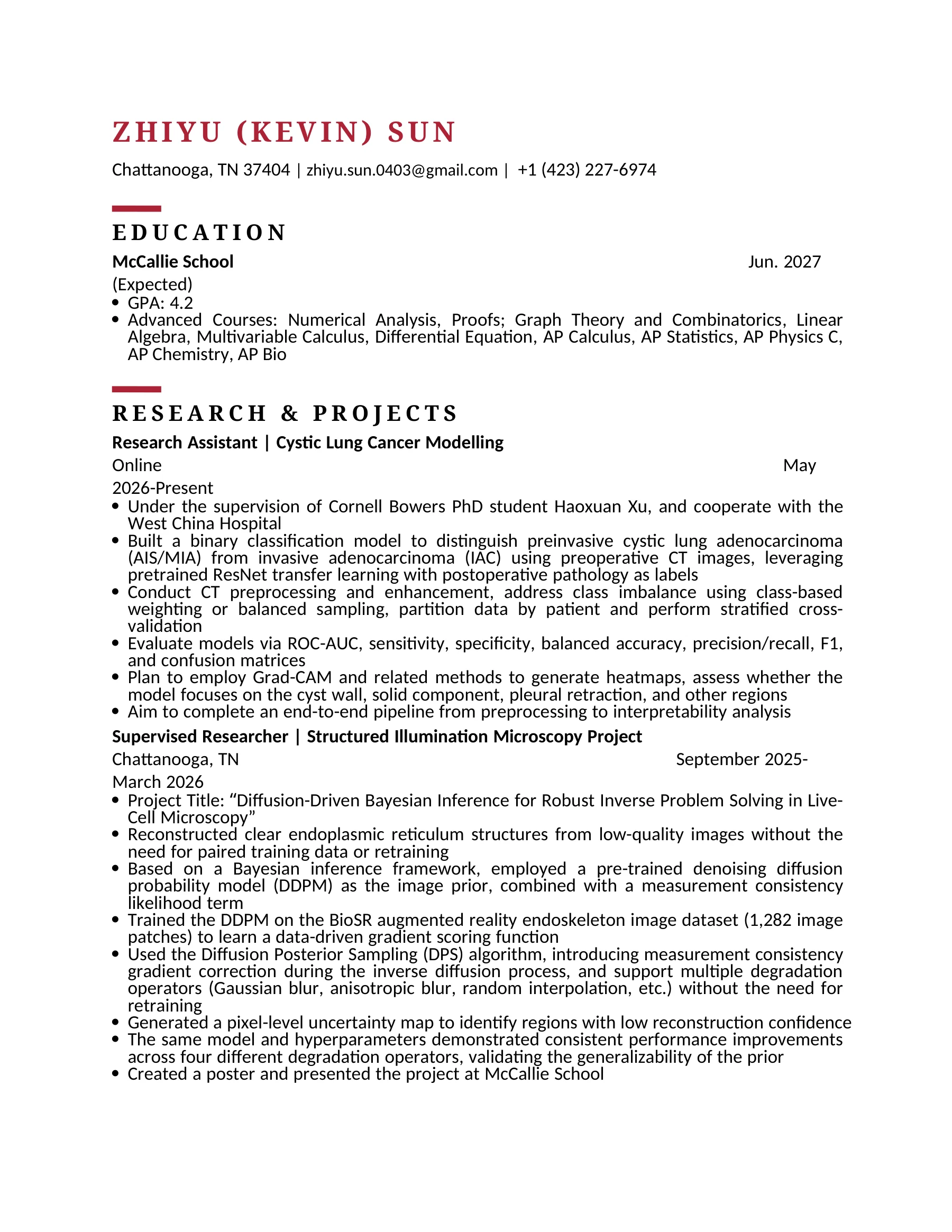 First-page preview of Zhiyu Sun's résumé